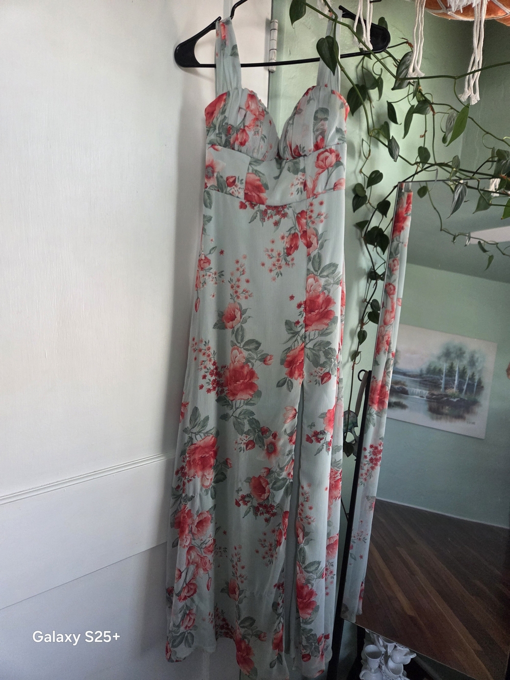 Off The Shoulder Maxi Slip Dress in Mint with Pink Rose Print